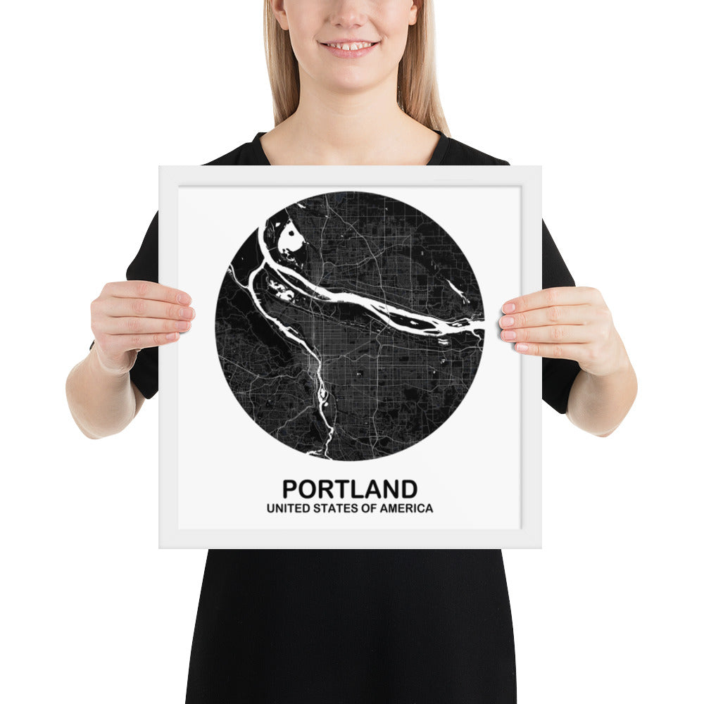 Portland Circular Black Framed Map