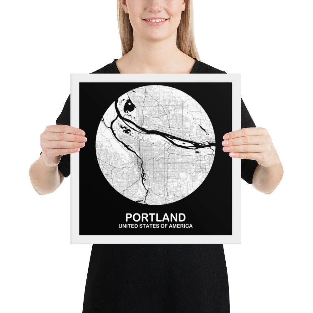 Portland Circular White Framed Map