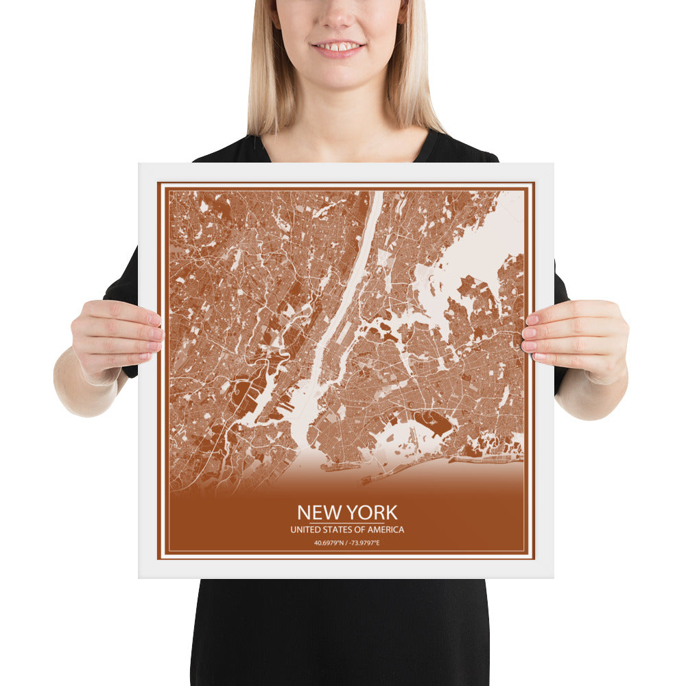 New York Brown and White Framed Map