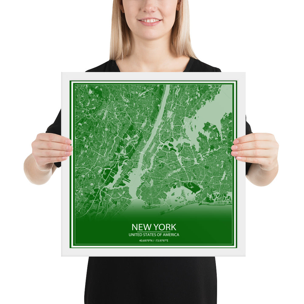 New York Green and White Framed Map