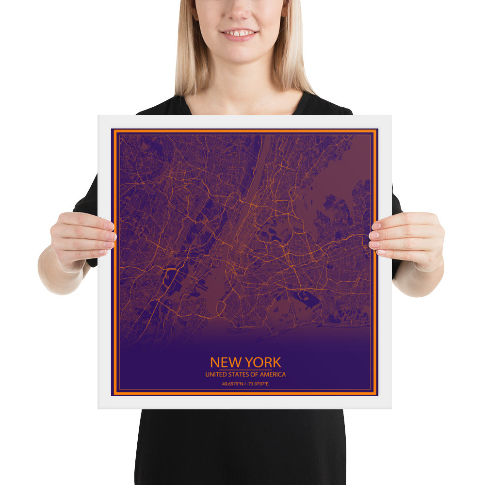 New York Purple and Orange Framed Map