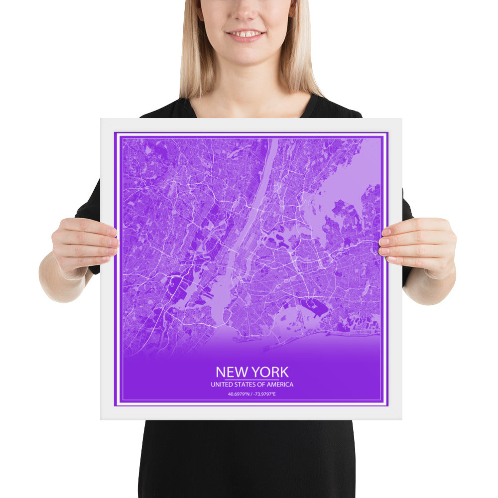 New York Purple and White Framed Map