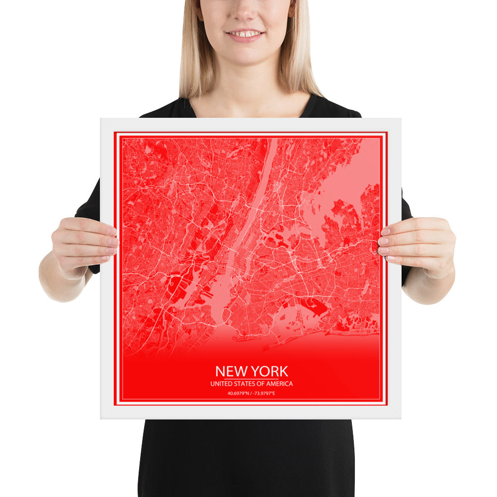 New York Red and White Framed Map