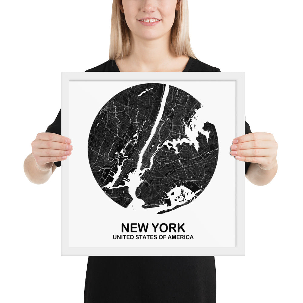 New York Circular Black Framed Map