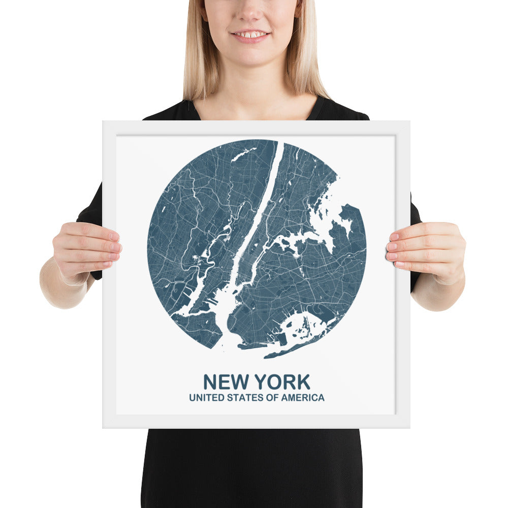 New York Circular Blue Framed Map