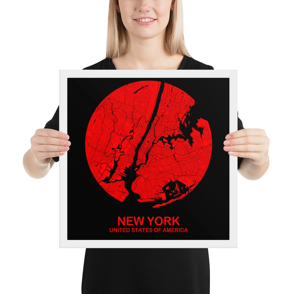 New York Circular Red Framed Map