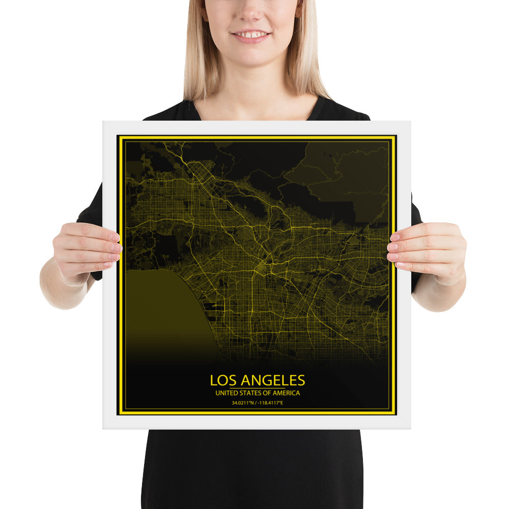 Los Angeles Black and Yellow Framed Map