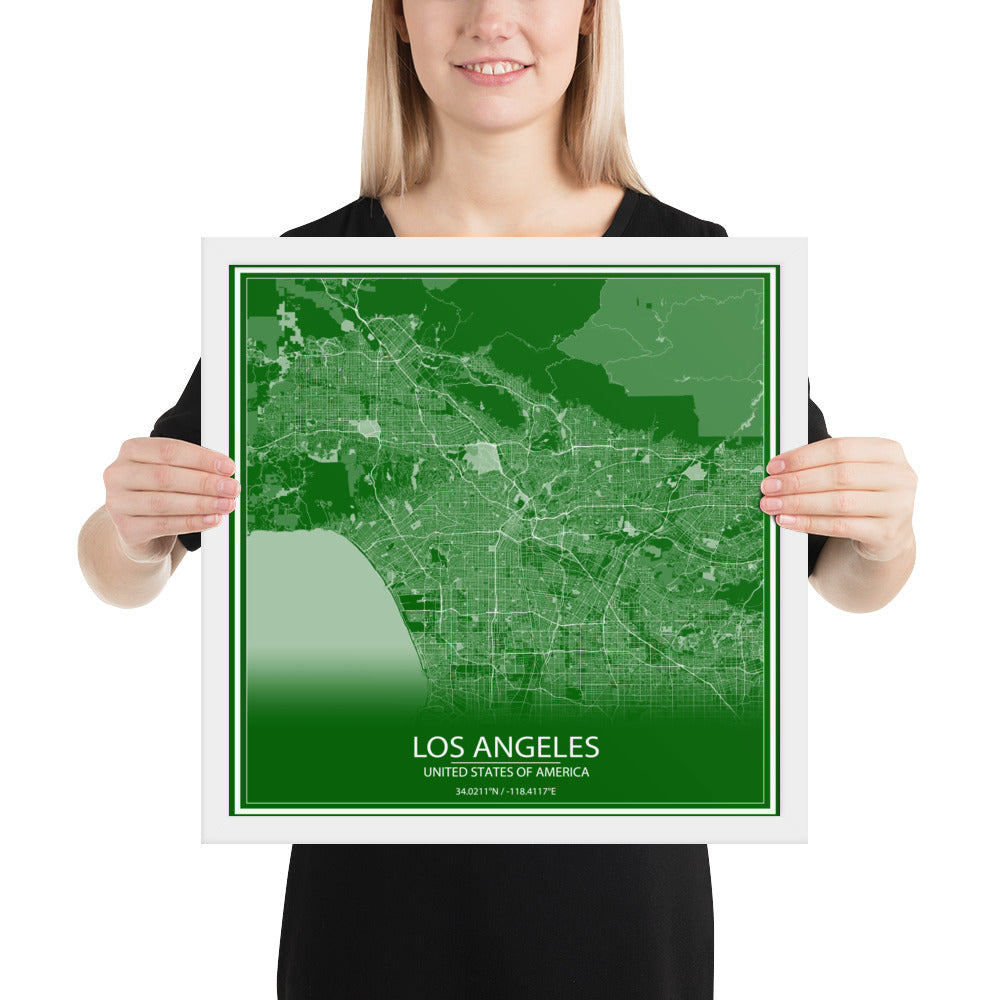 Los Angeles Green and White Framed Map