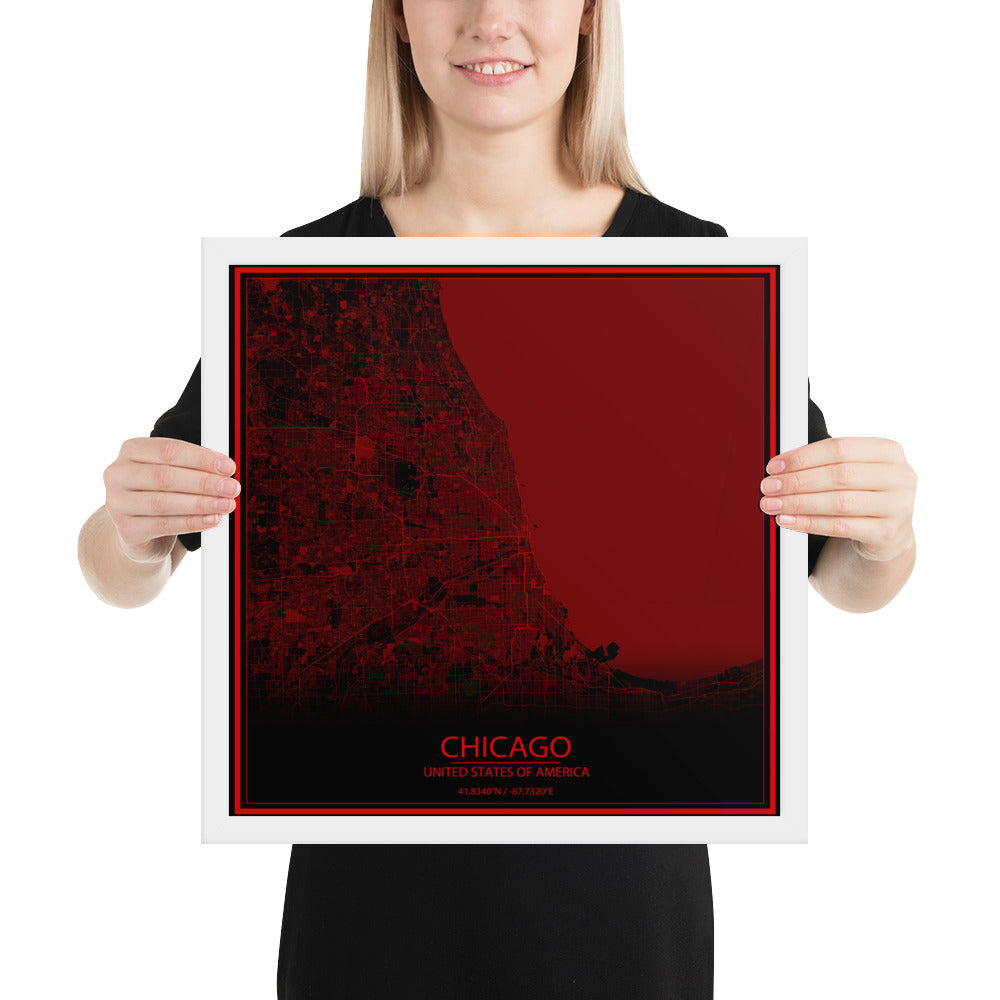 Chicago Black and Red Framed Map