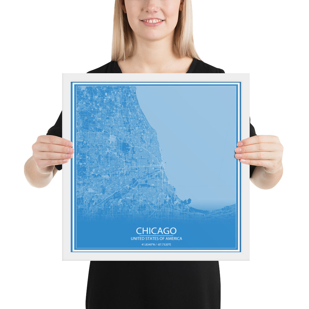 Chicago Blue and White Framed Map