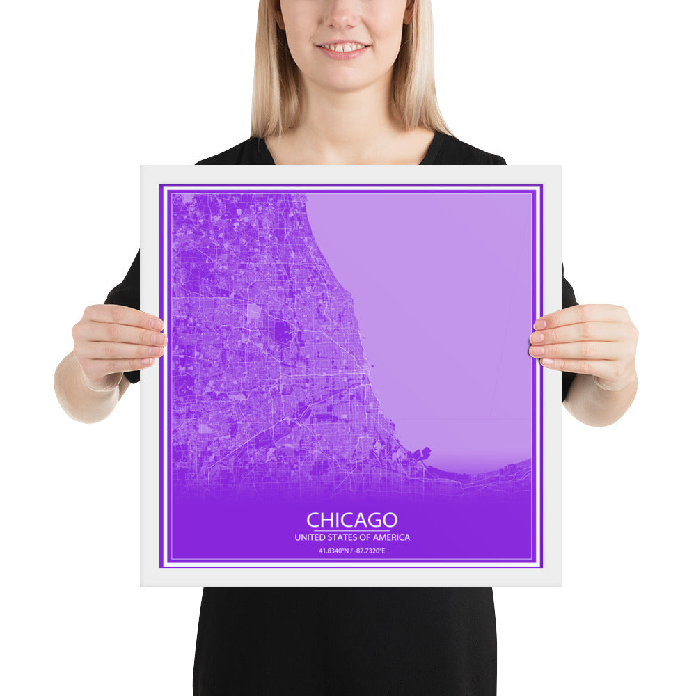 Chicago Purple and White Framed Map