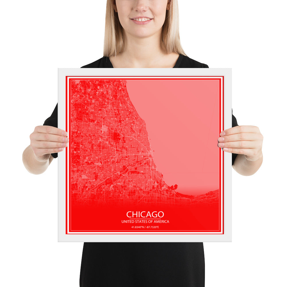 Chicago Red and White Framed Map