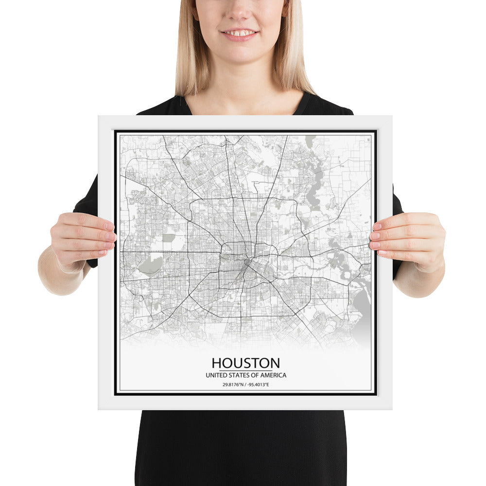 Houston White Framed Map