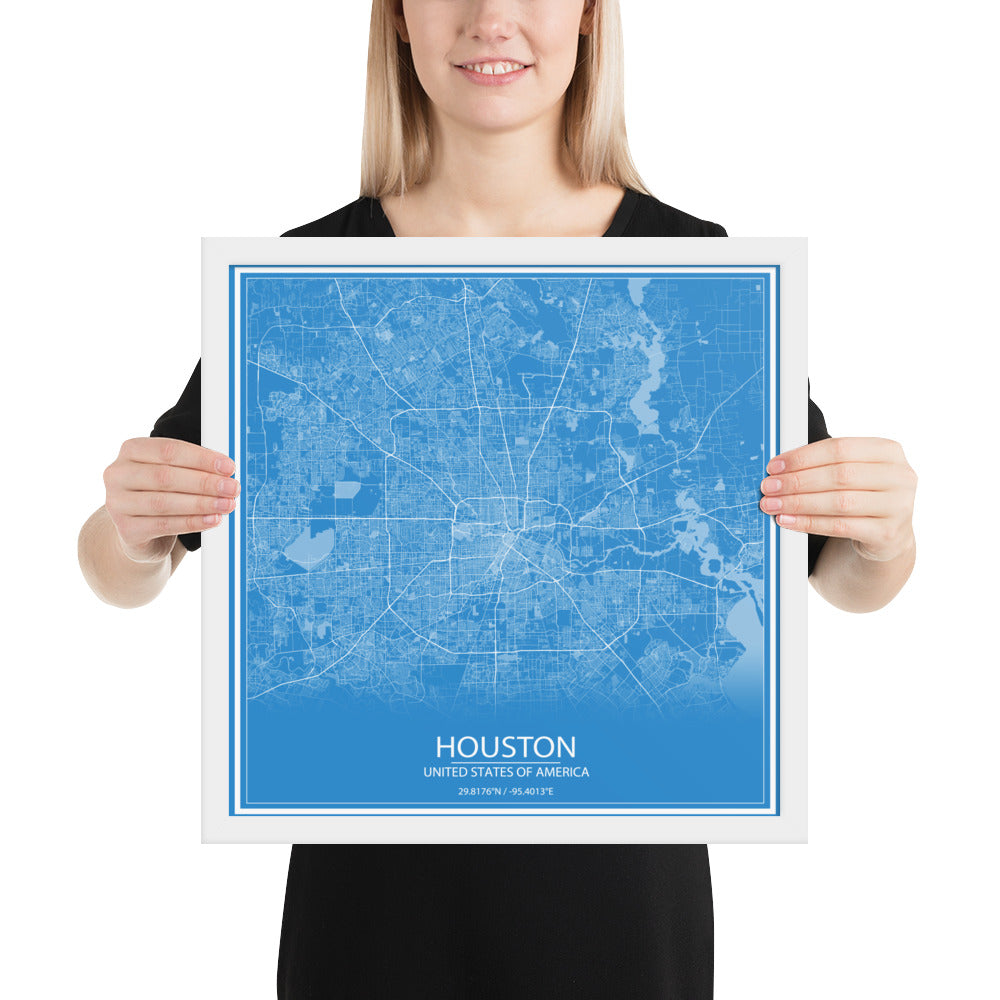 Houston Blue and White Framed Map