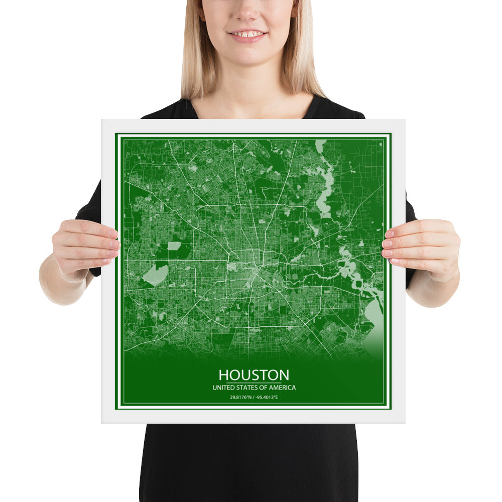 Houston Green and White Framed Map