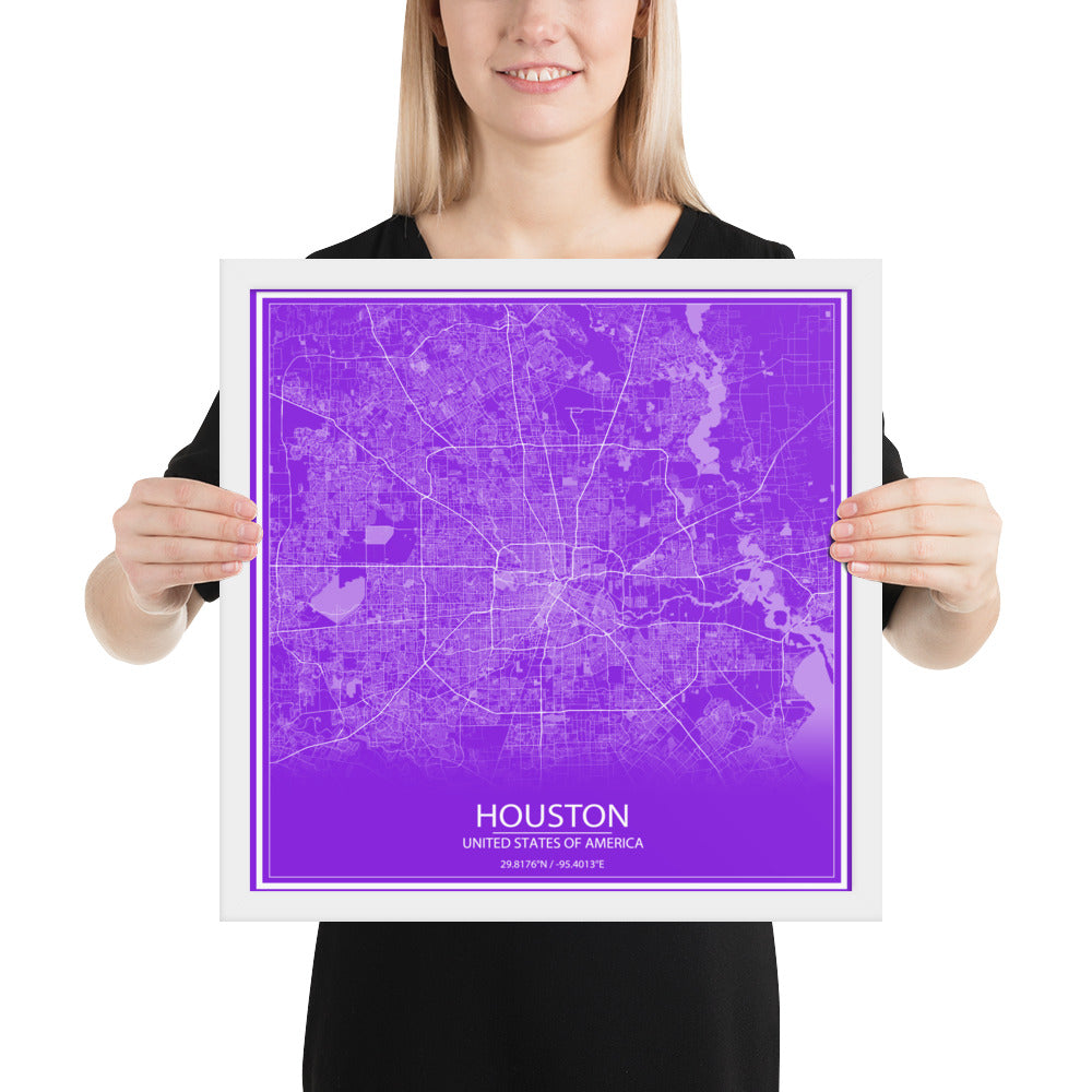 Houston Purple and White Framed Map