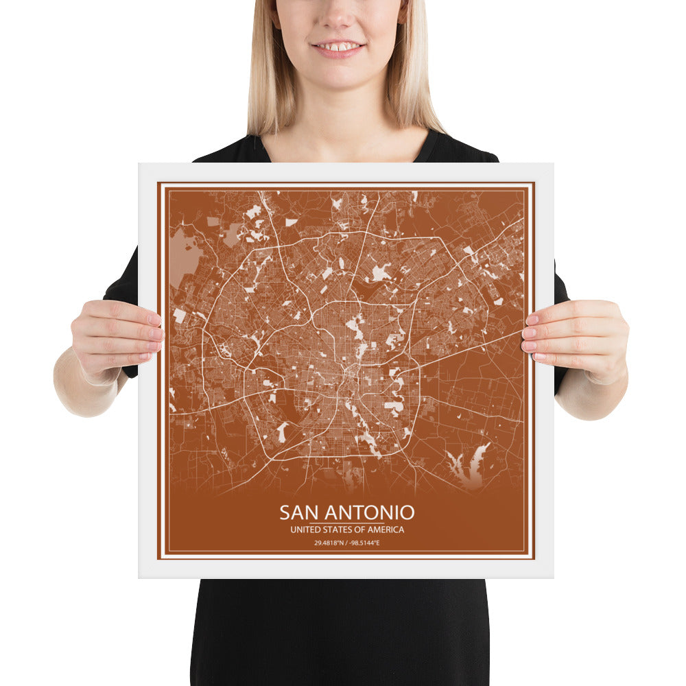 San Antonio Brown and White Framed Map