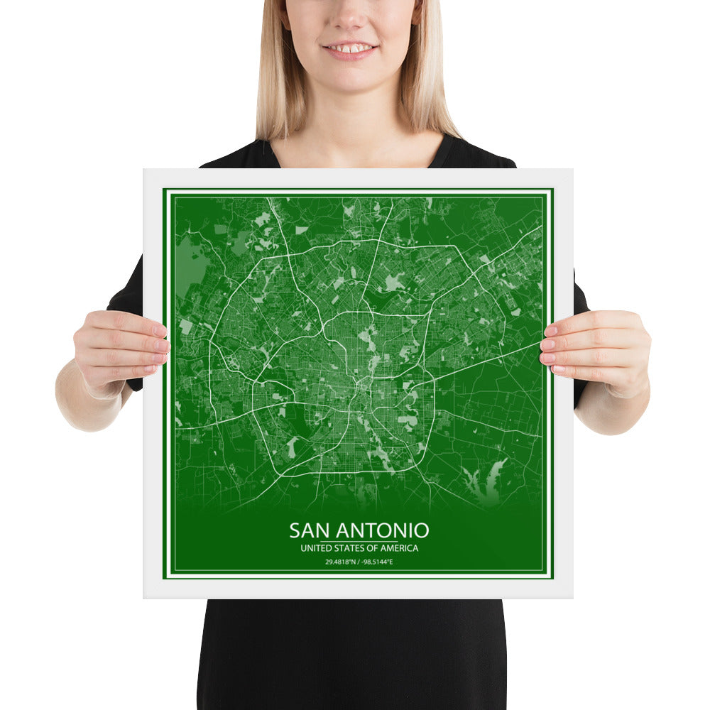 San Antonio Green and White Framed Map