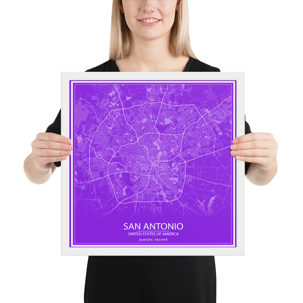 San Antonio Purple and White Framed Map