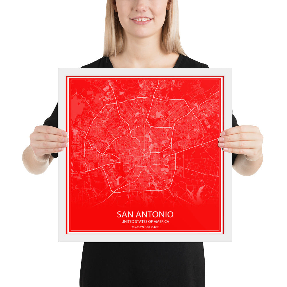 San Antonio Red and White Framed Map