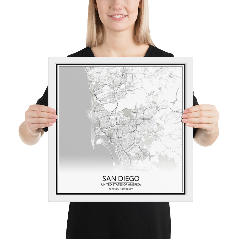 San Diego White Framed Map