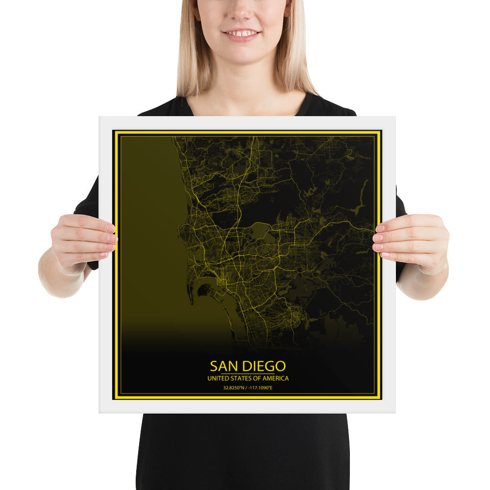 San Diego Black and Yellow Framed Map