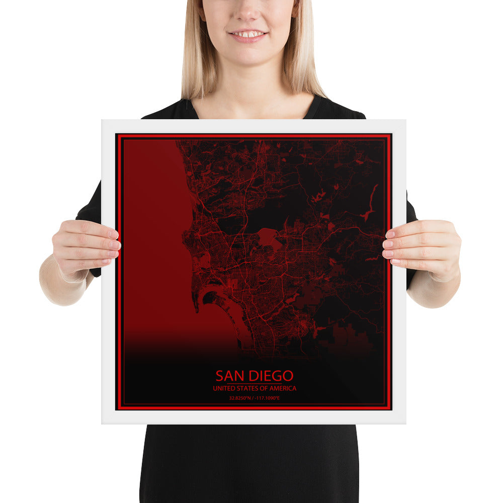 San Diego Black and Red Framed Map