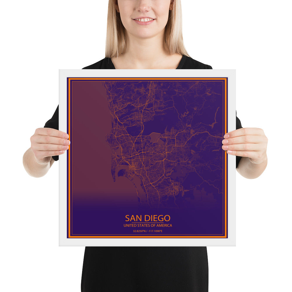 San Diego Purple and Orange Framed Map