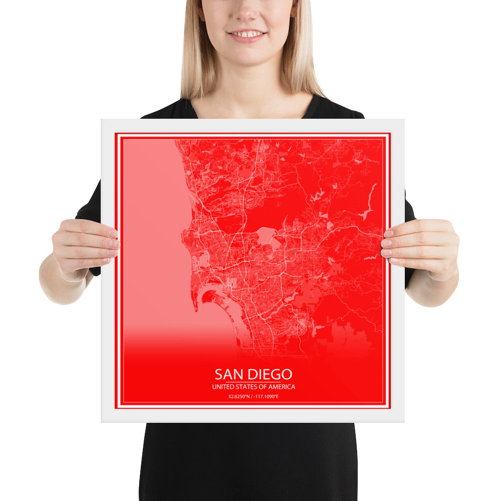 San Diego Red and White Framed Map