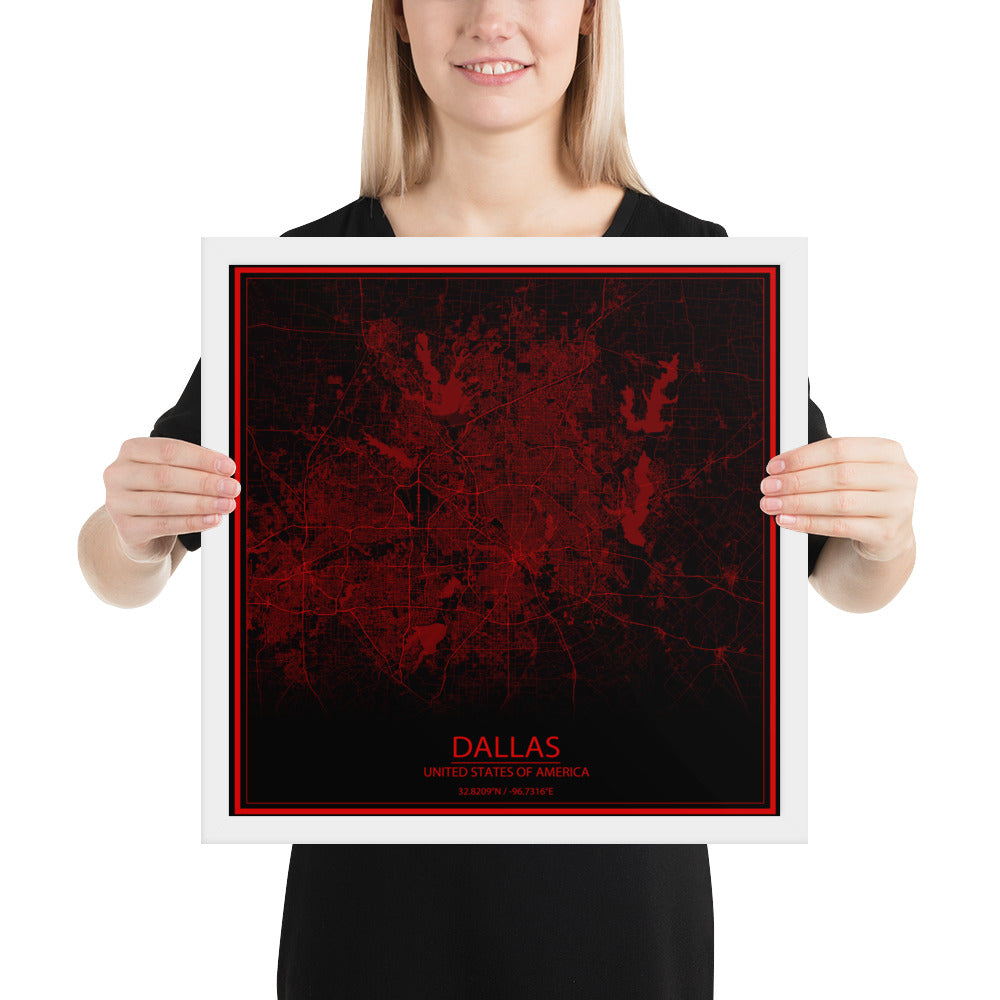 Dallas Black and Red Framed Map