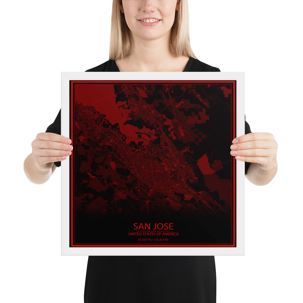 San Jose Black and Red Framed Map