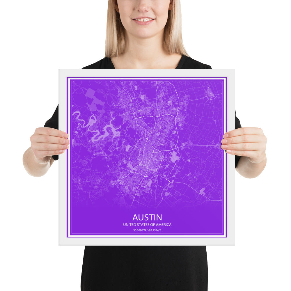 Austin Purple and White Framed Map