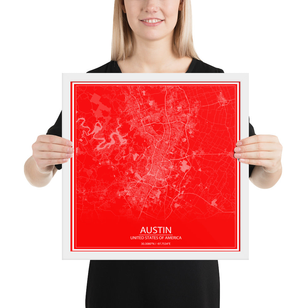 Austin Red and White Framed Map