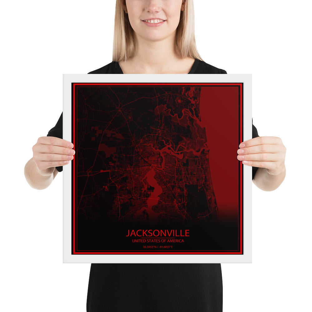 Jacksonville Black and Red Framed Map