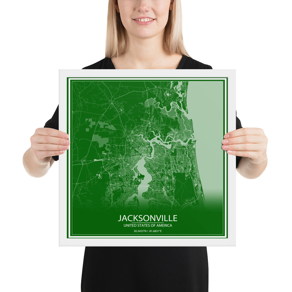 Jacksonville Green and White Framed Map