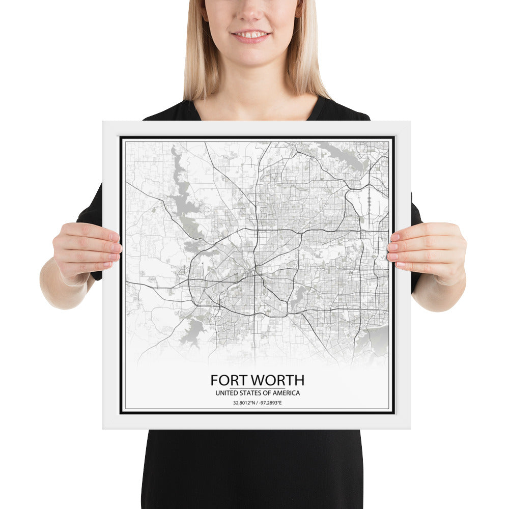 Fort Worth White Framed Map