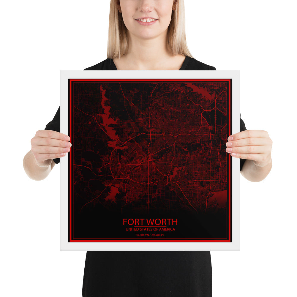 Fort Worth Black and Red Framed Map