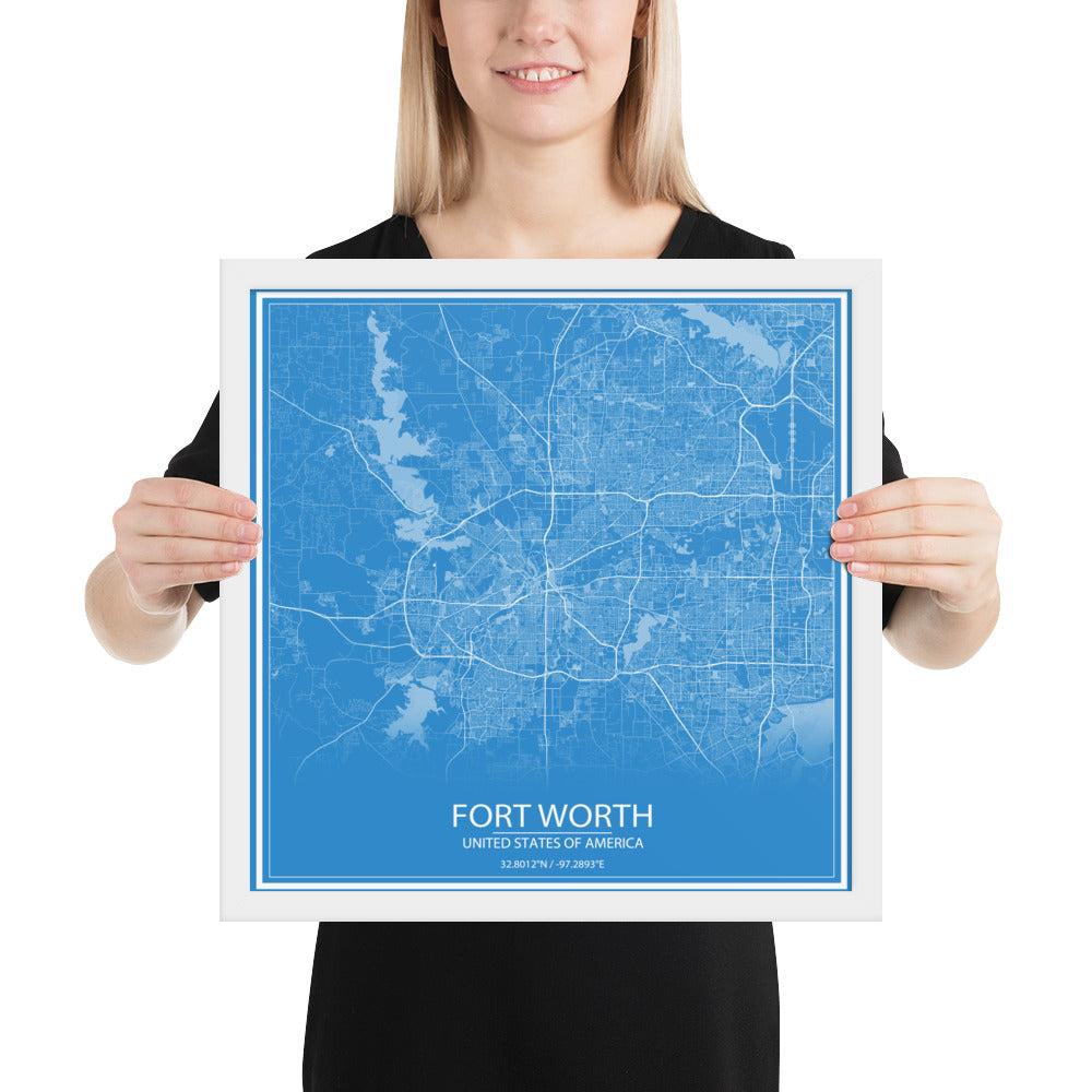 Fort Worth Blue and White Framed Map