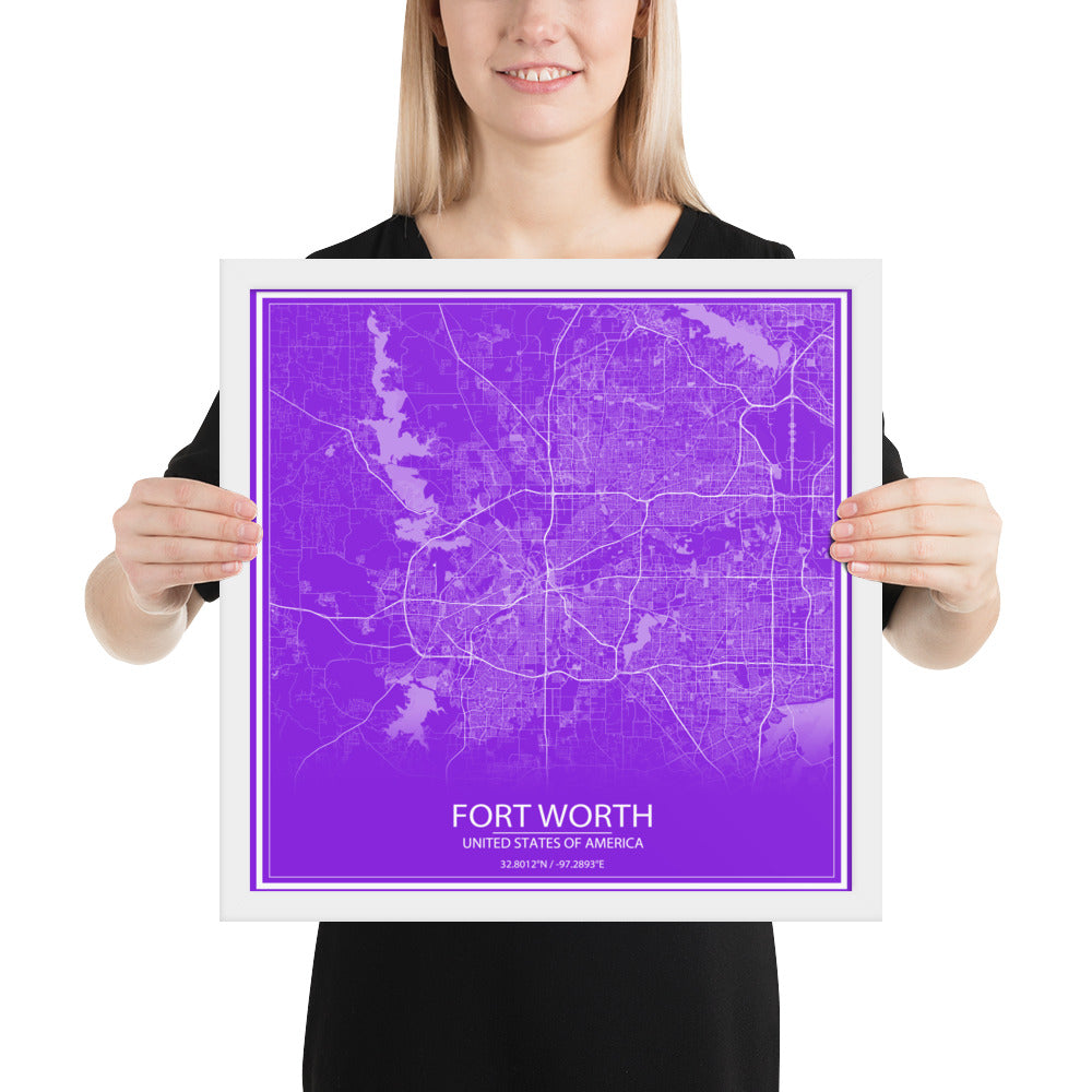 Fort Worth Purple and White Framed Map