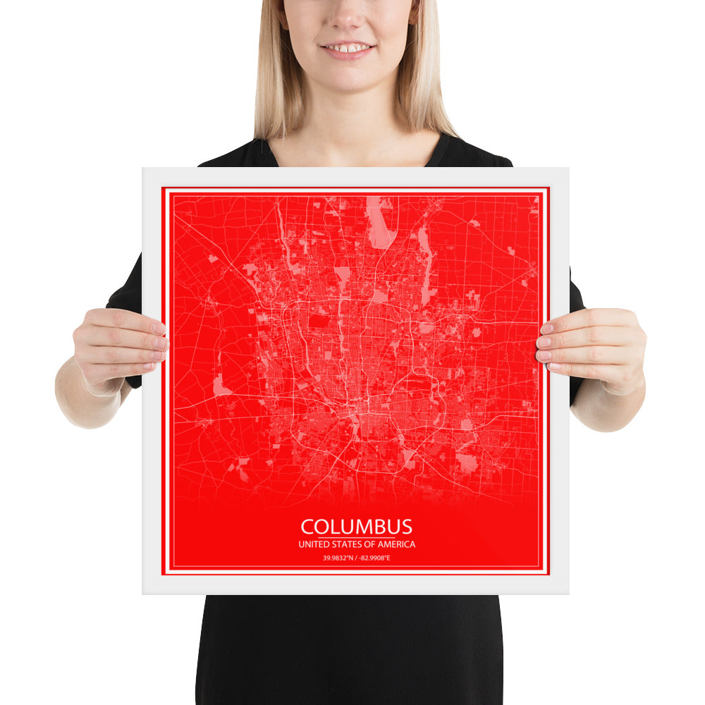 Columbus Red and White Framed Map