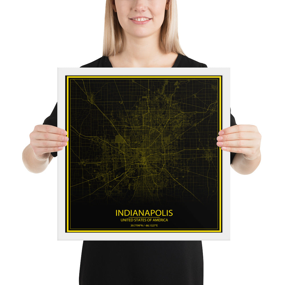 Indianapolis Black and Yellow Framed Map