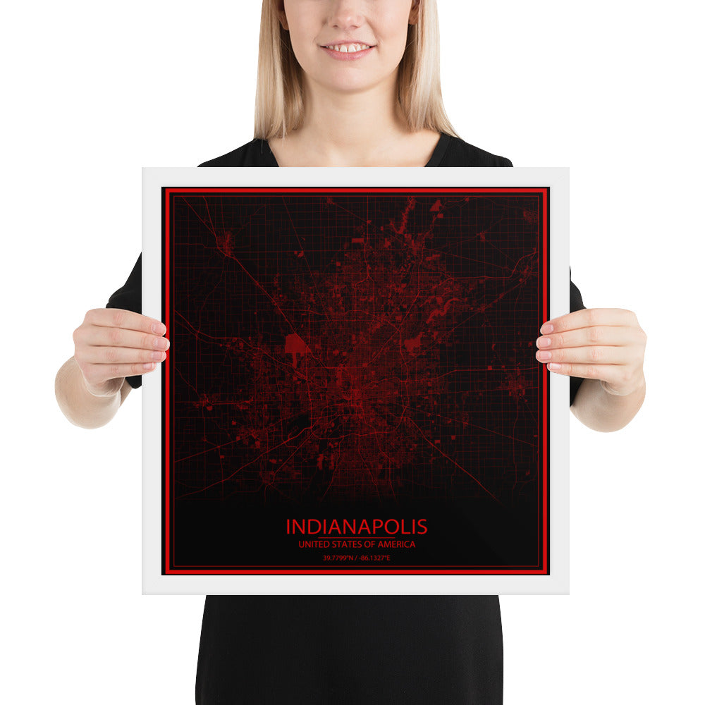 Indianapolis Black and Red Framed Map