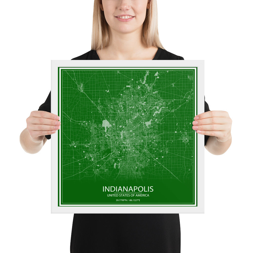 Indianapolis Green and White Framed Map