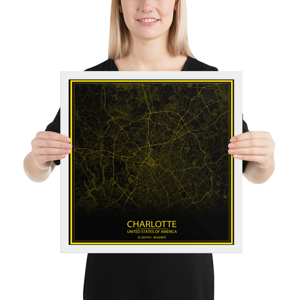 Charlotte Black and Yellow Framed Map