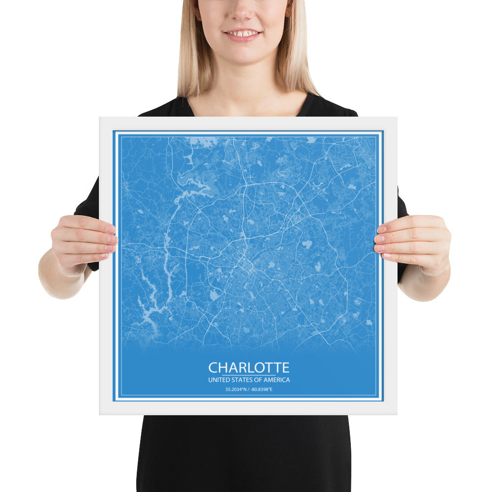 Charlotte Blue and White Framed Map