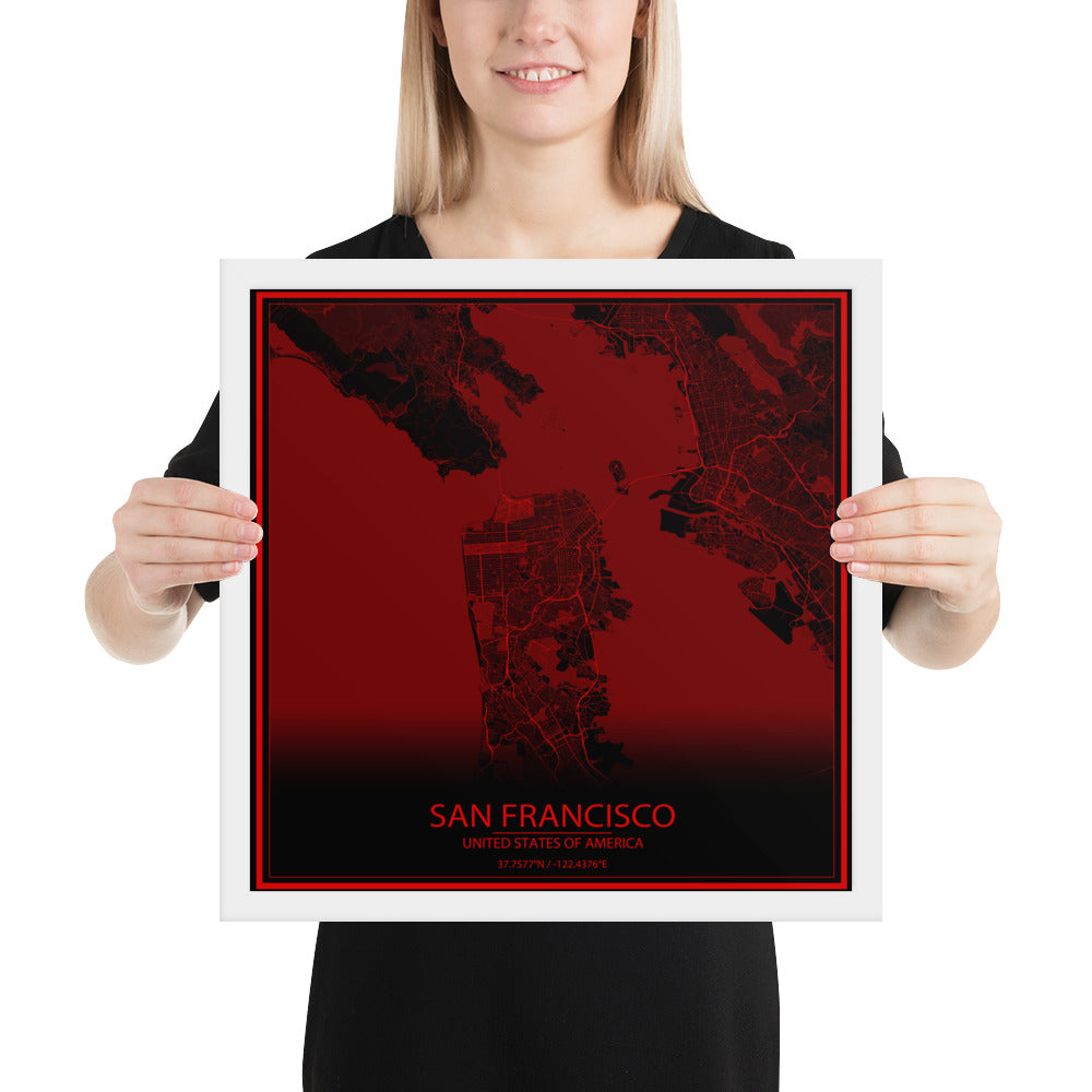 San Francisco Black and Red Framed Map