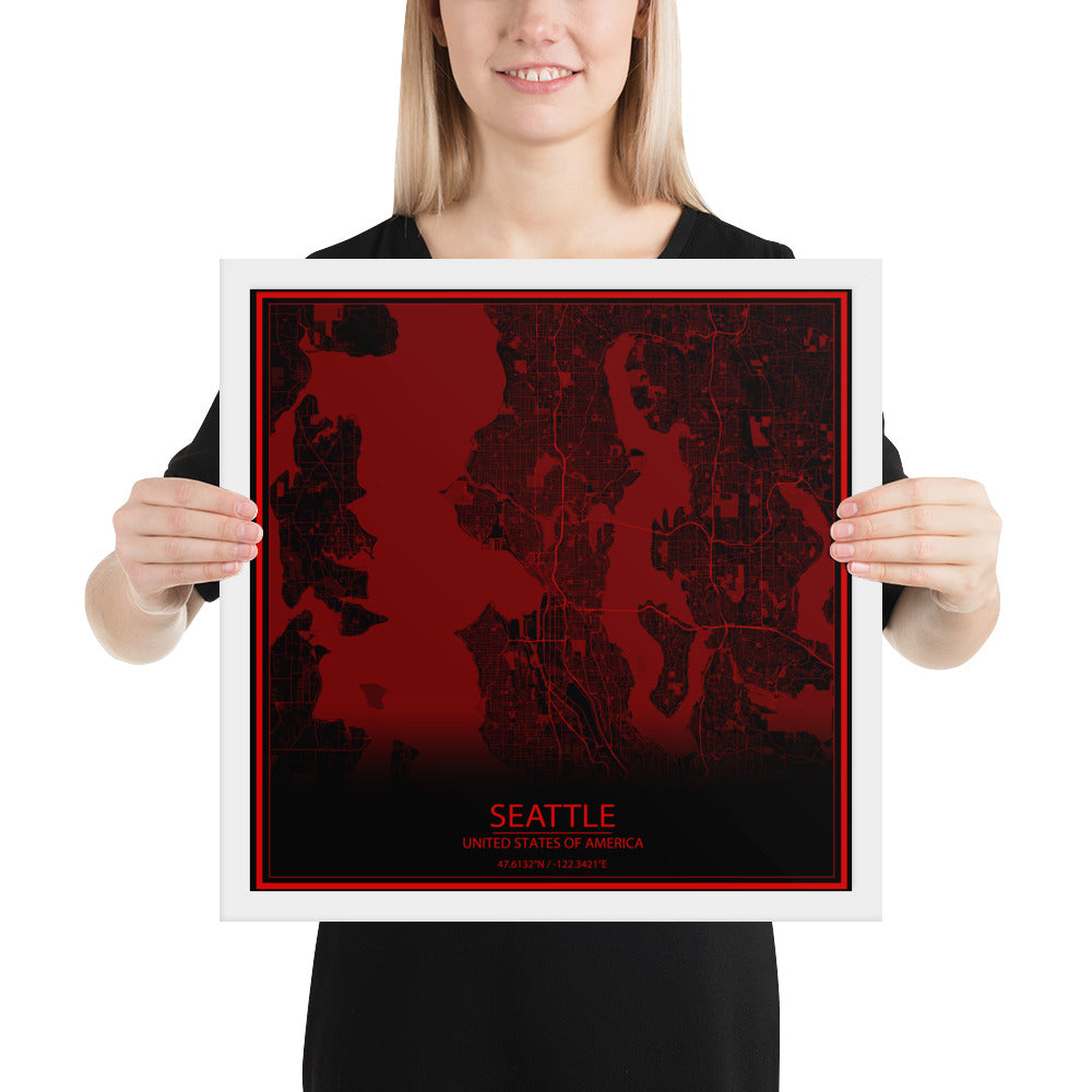 Seattle Black and Red Framed Map