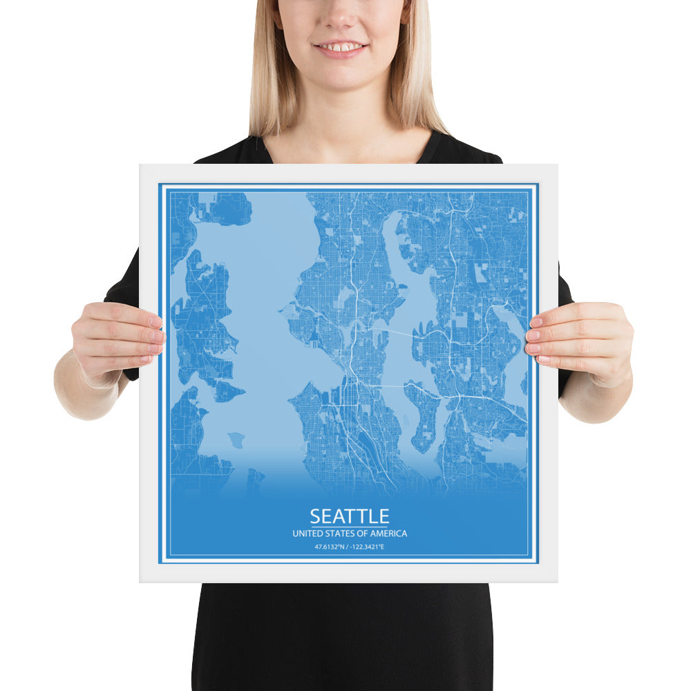 Seattle Blue and White Framed Map