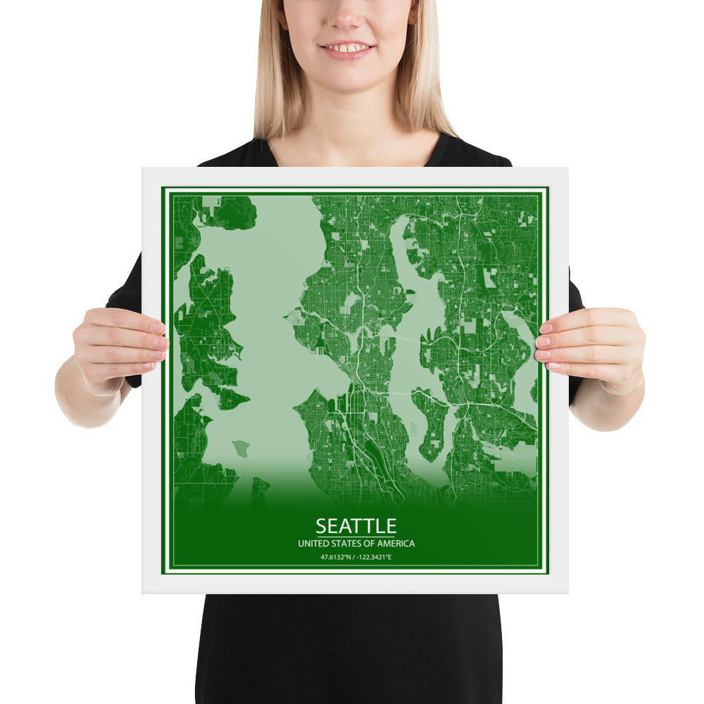 Seattle Green and White Framed Map