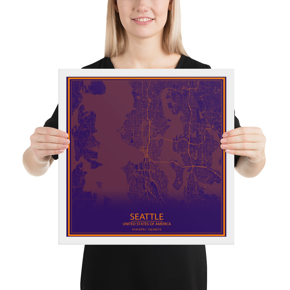 Seattle Purple and Orange Framed Map